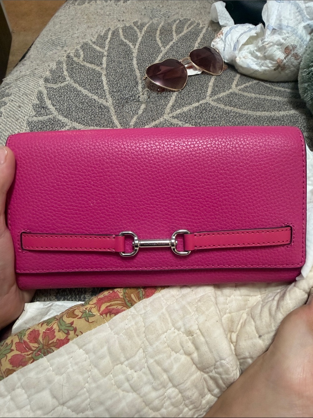 Michael Kors Hot Pink Leather Wallet Clutch with Silver-Tone Hardware
